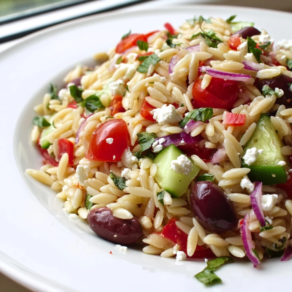Close-up of Mediterranean orzo pasta salad glistening with lemon olive oil dressing and vibrant vegetables