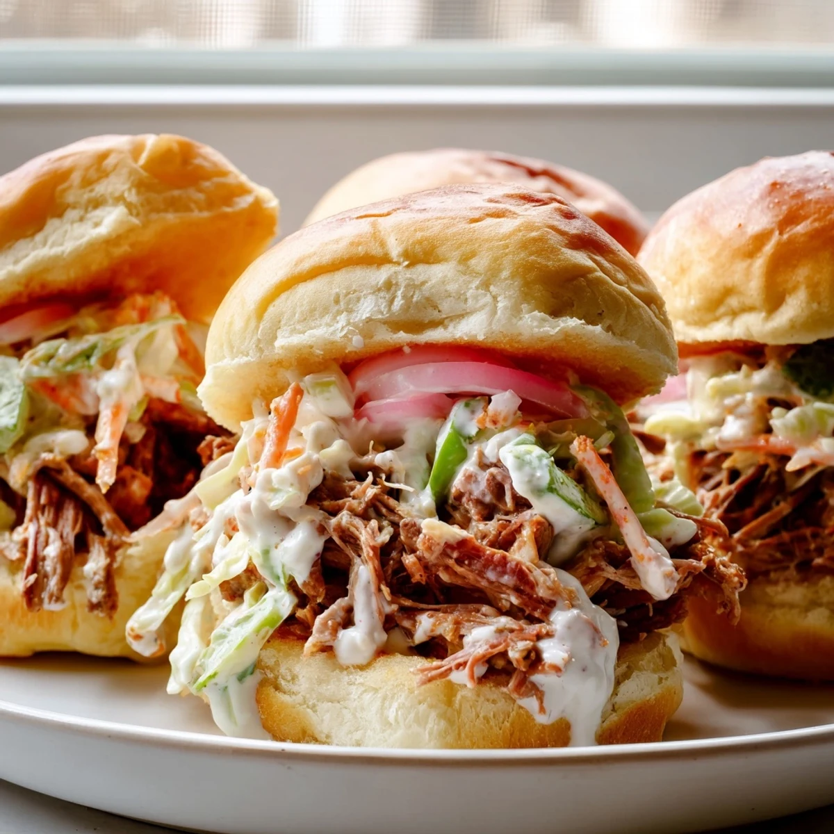 Piled-high Alabama white sauce pulled lamb sliders drizzled with tangy sauce and crisp cabbage slaw