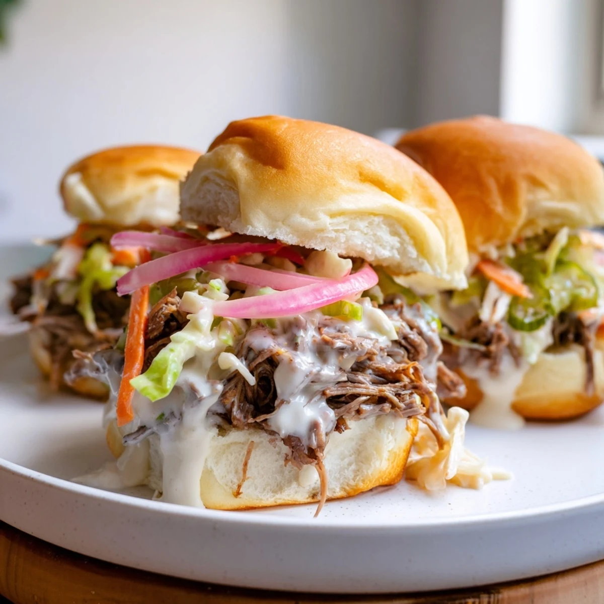 Juicy shredded lamb coated in Alabama white sauce resting on soft golden slider buns