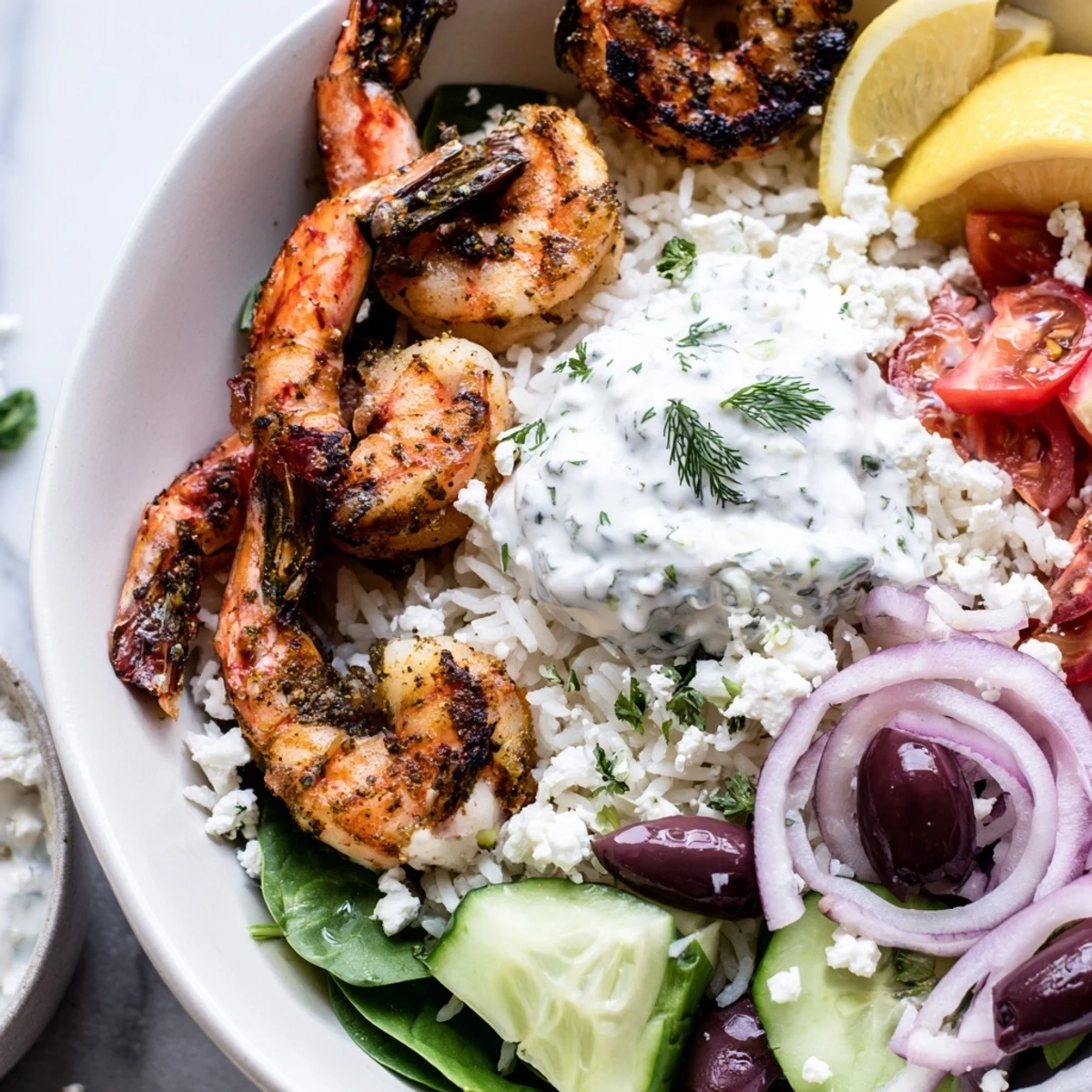 Juicy Greek Shrimp Mediterranean Bowl served over lemony rice with crisp vegetables and creamy tzatziki drizzle