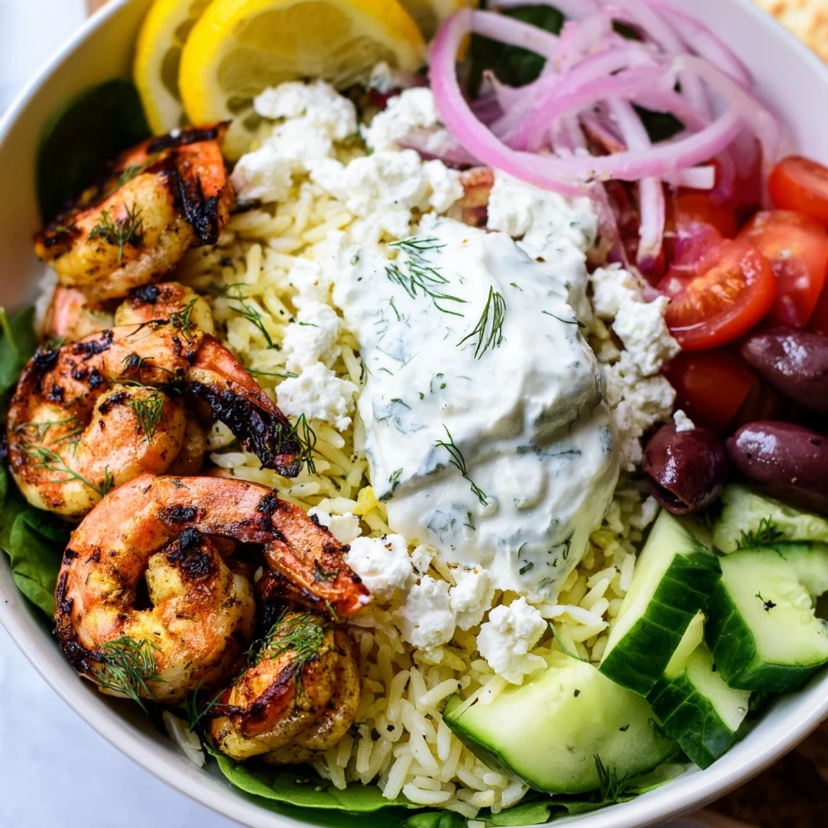 Colorful Greek Shrimp Mediterranean Bowl topped with feta crumbles, Kalamata olives, and fresh parsley garnish