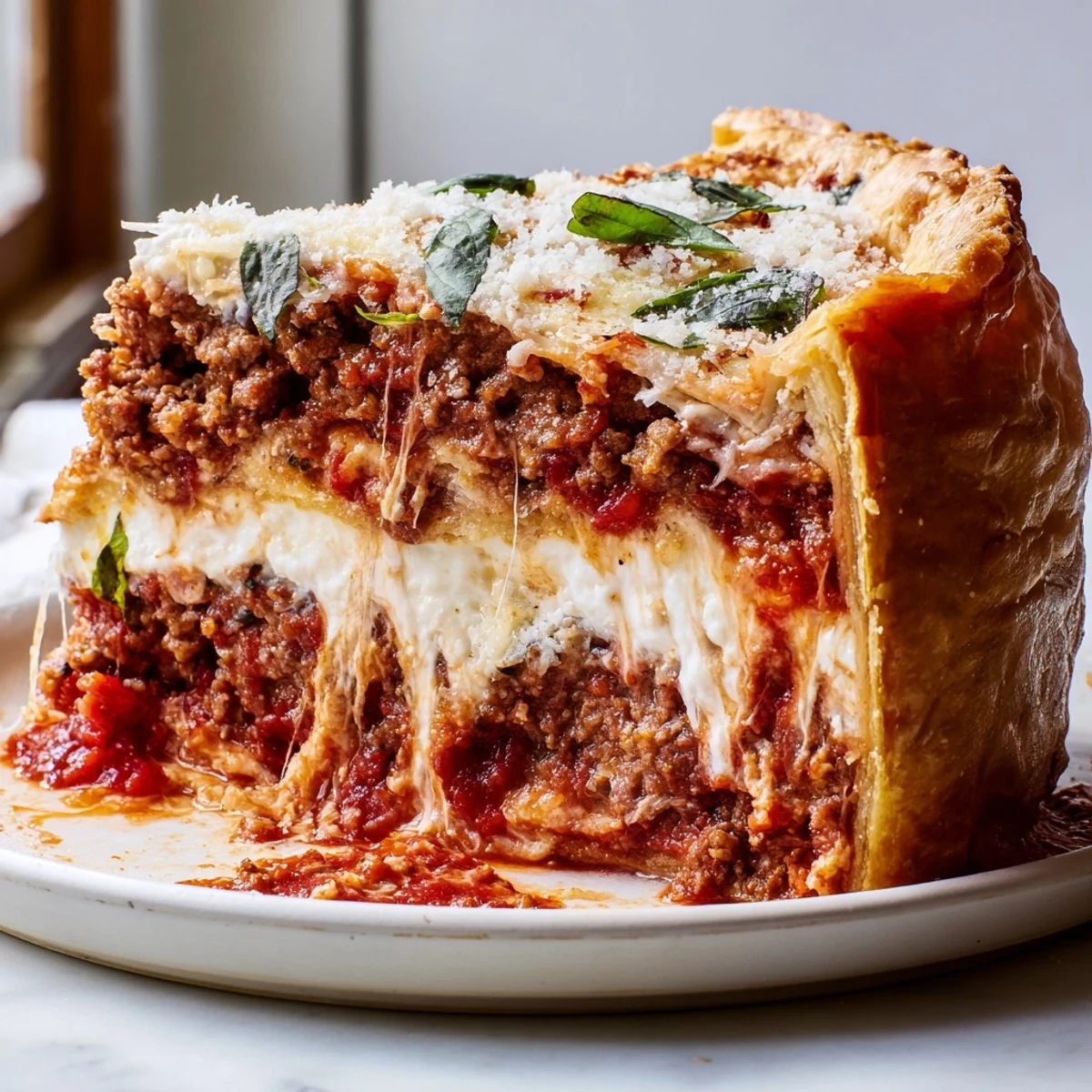Golden bubbling cheesy lasagna pie with gooey layers fresh from the oven