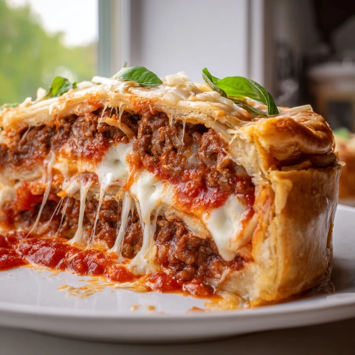 Warm cheesy lasagna pie with gooey layers garnished with fresh basil leaves