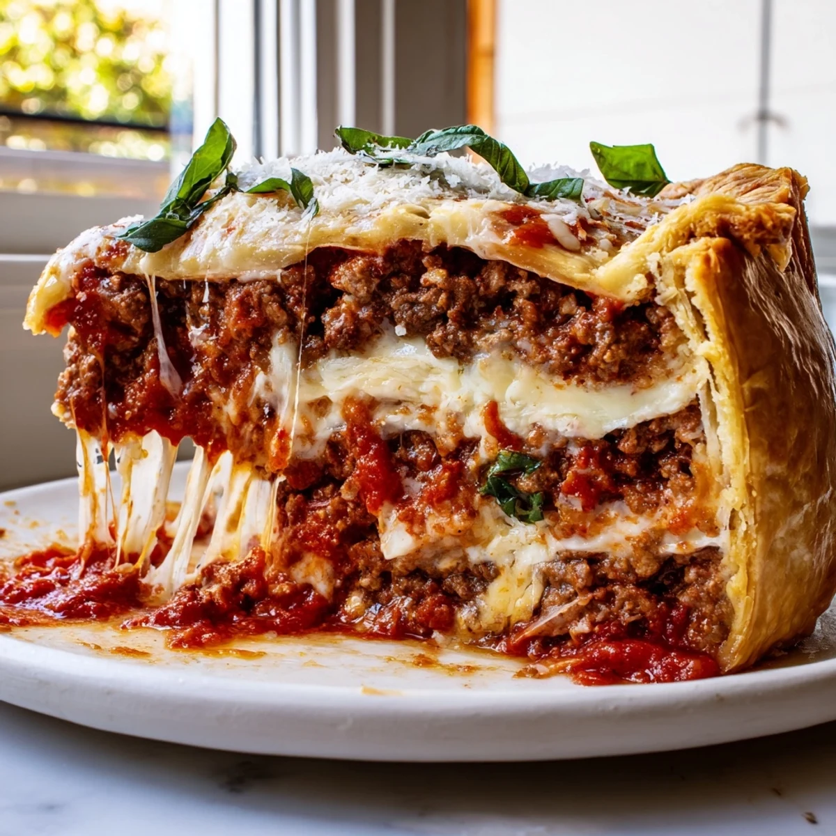 Cheesy lasagna pie sliced to reveal rich meat sauce and stretchy mozzarella