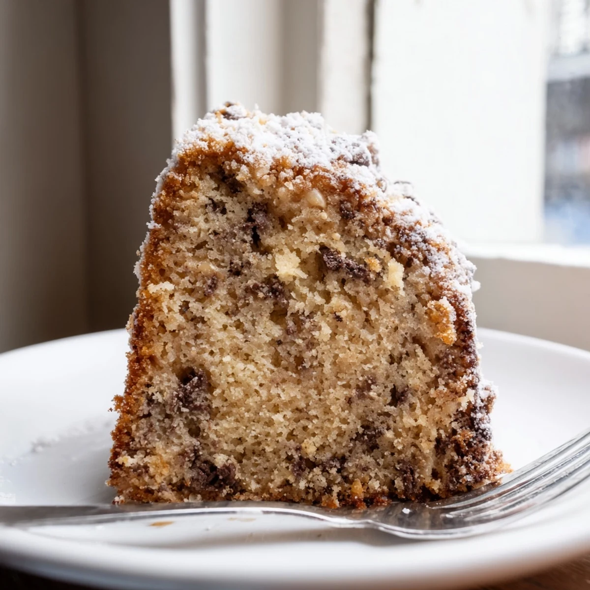 A golden banana cake sliced on a rustic wooden cutting board with crumbs