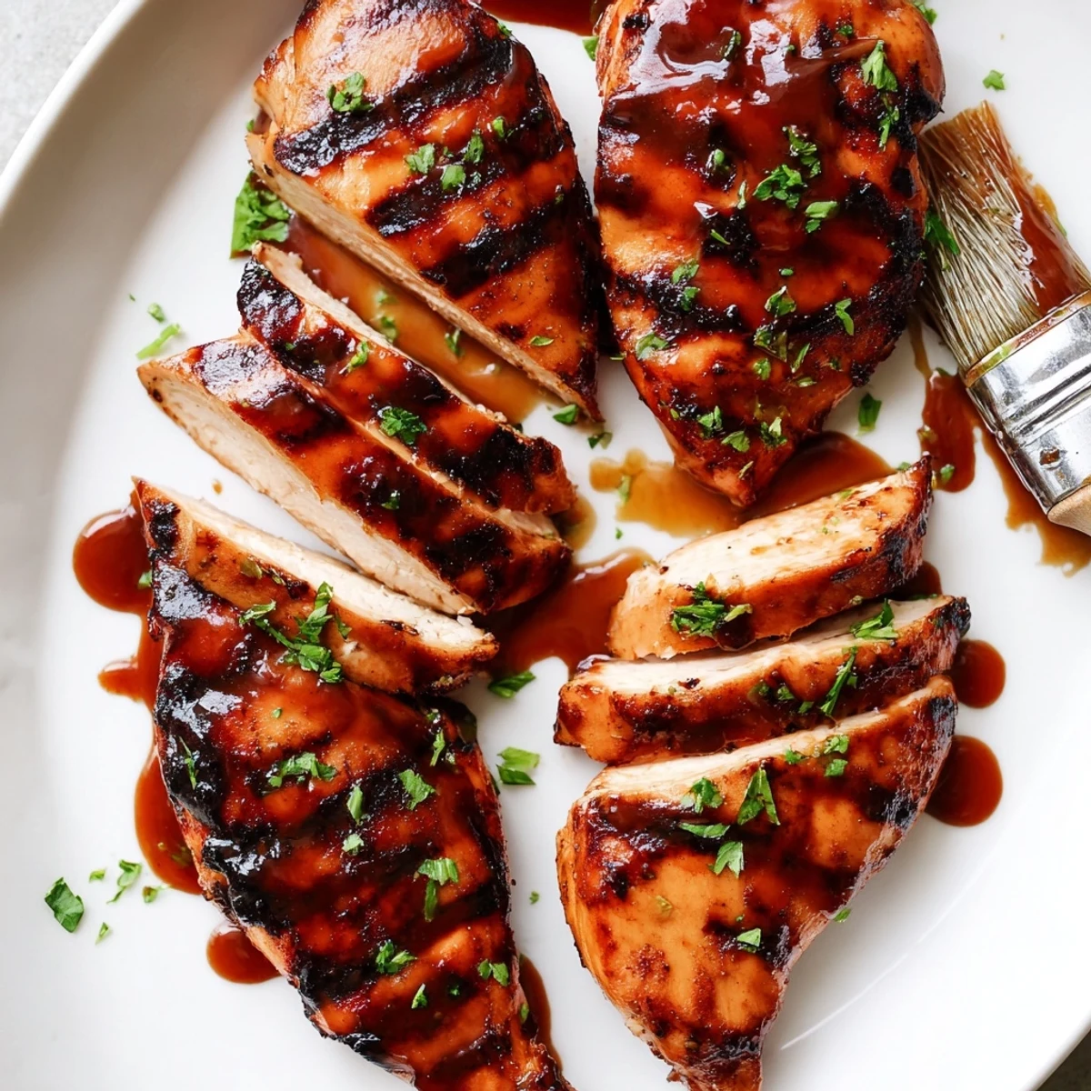 Caramelized Coca Cola glazed chicken breast with glossy grill marks on a wooden platter