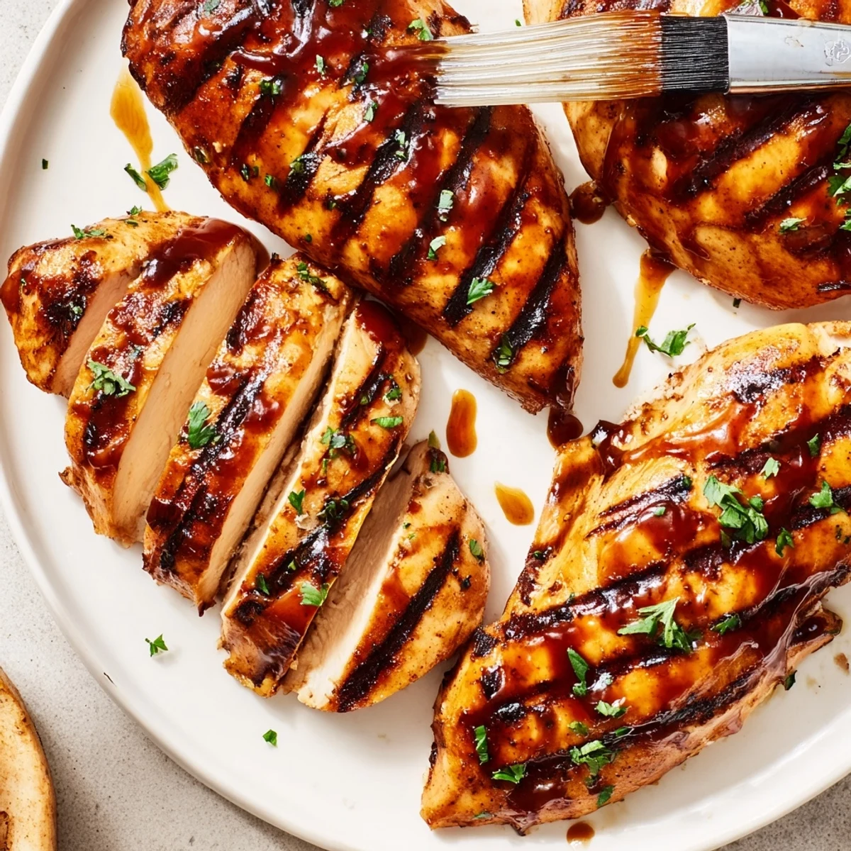 Juicy sliced grilled Coca Cola glazed chicken breast drizzled with sticky sweet reduction