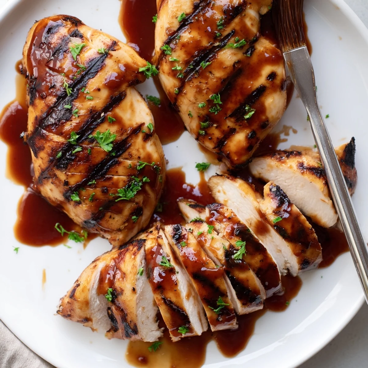 Smoky Coca Cola glazed chicken breast glistening beside grilled corn at a summer barbecue