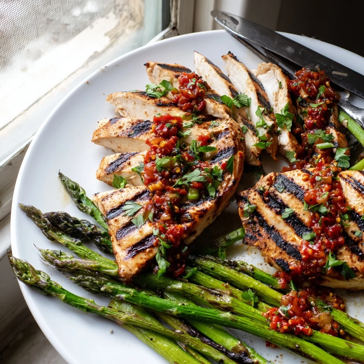 Grilled asparagus chicken glistening with spicy red Calabrian chili sauce on a plate
