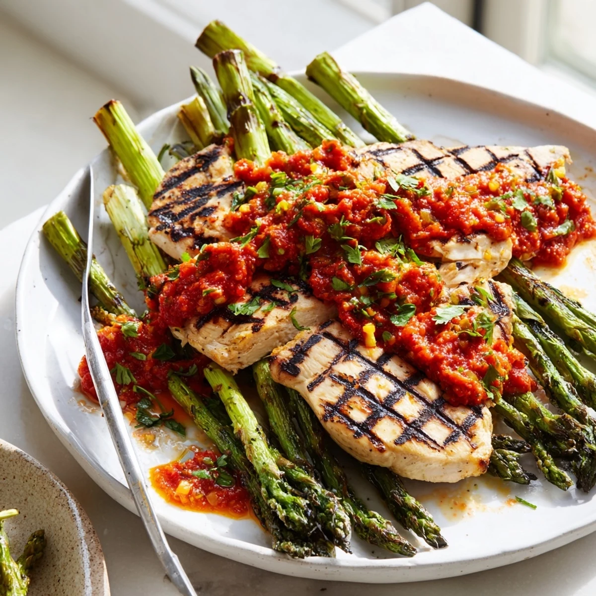 Juicy grilled chicken with charred asparagus drizzled in vibrant Calabrian chili sauce