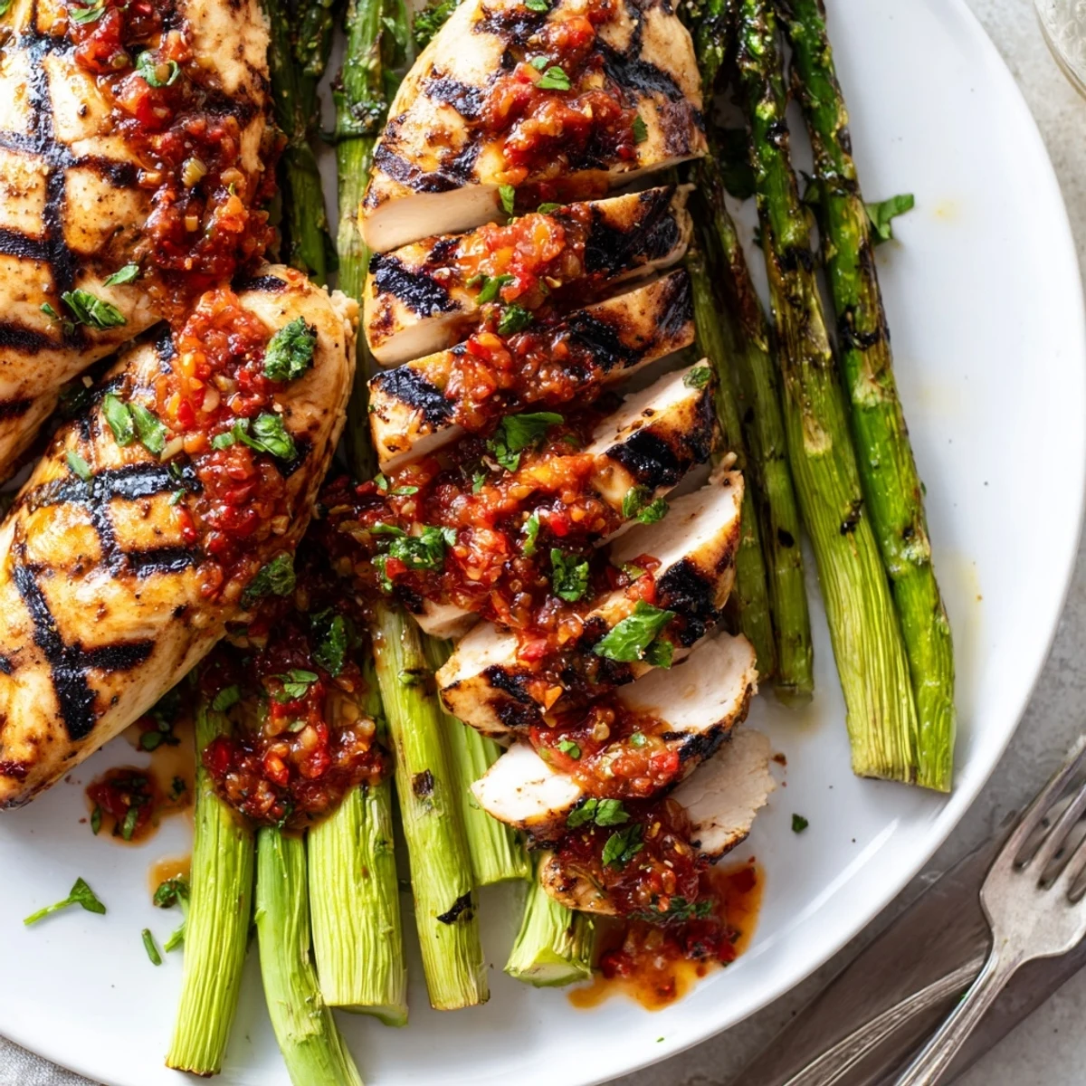 Tender grilled chicken breasts alongside smoky asparagus topped with zesty Calabrian chili sauce