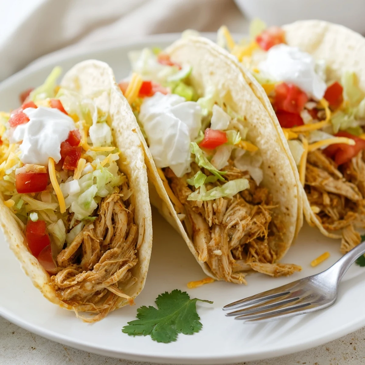 Juicy slow cooker ranch chicken tacos topped with melted cheese and fresh cilantro