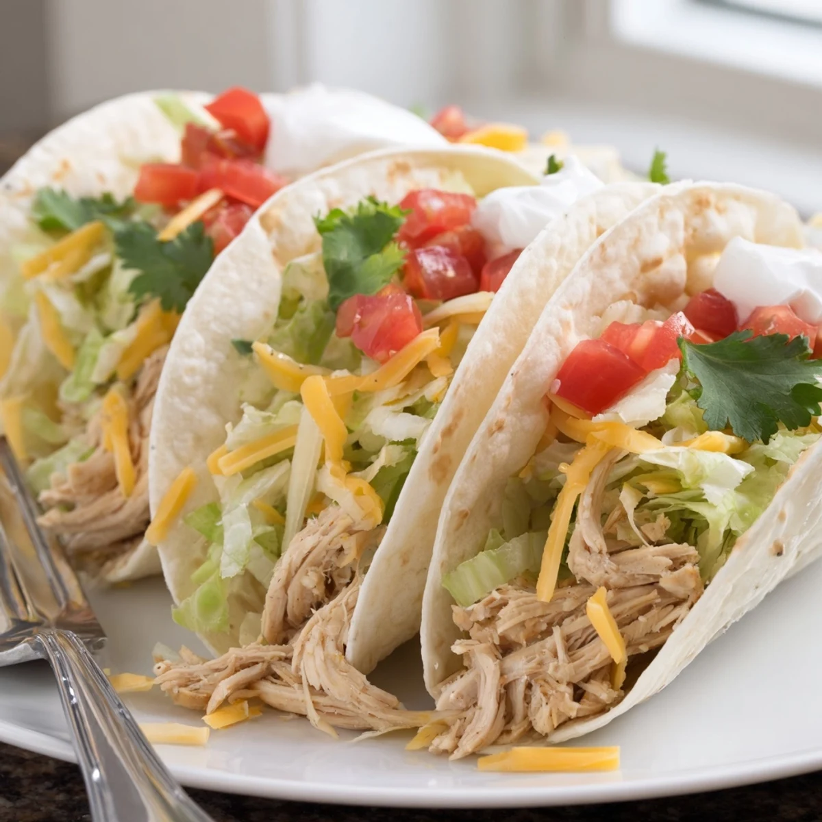 Slow cooker ranch chicken tacos loaded with sour cream in crispy corn shells