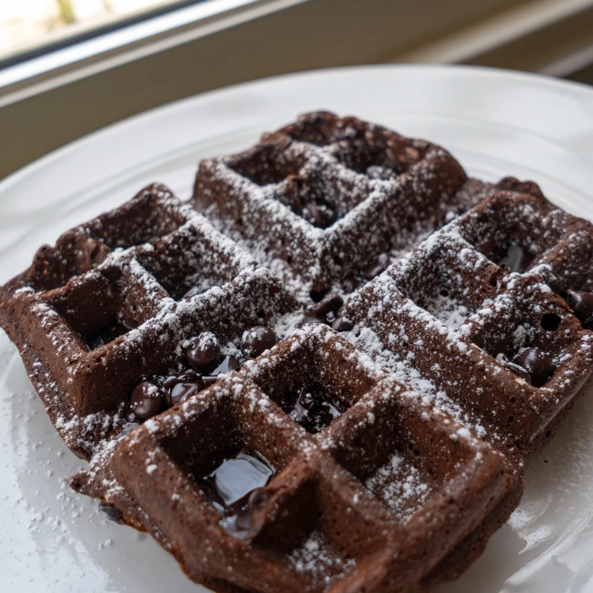 Thick fudgy brownie waffles fresh off the iron, dusted with powdered sugar