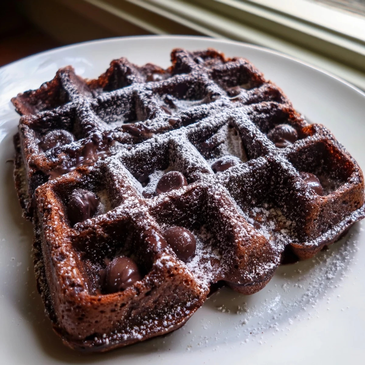 Fudgy brownie waffles with crisp golden edges, drizzled with warm chocolate sauce