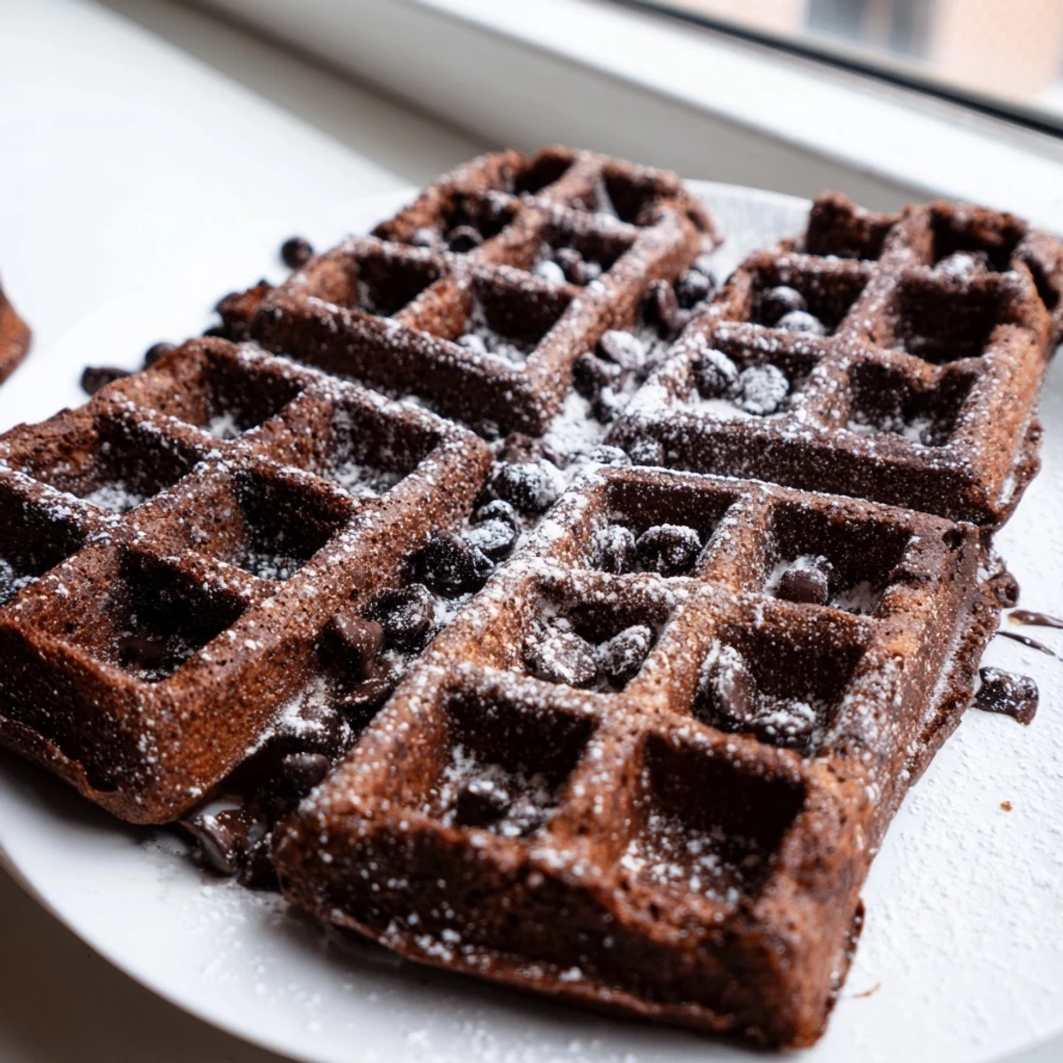 Warm fudgy brownie waffles topped with a melting scoop of vanilla ice cream
