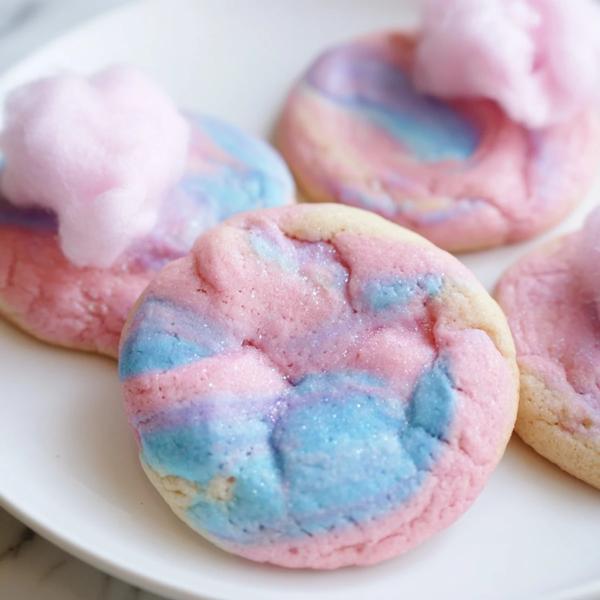 Swirled pink and blue cotton candy cookies with soft chewy centers on a white plate
