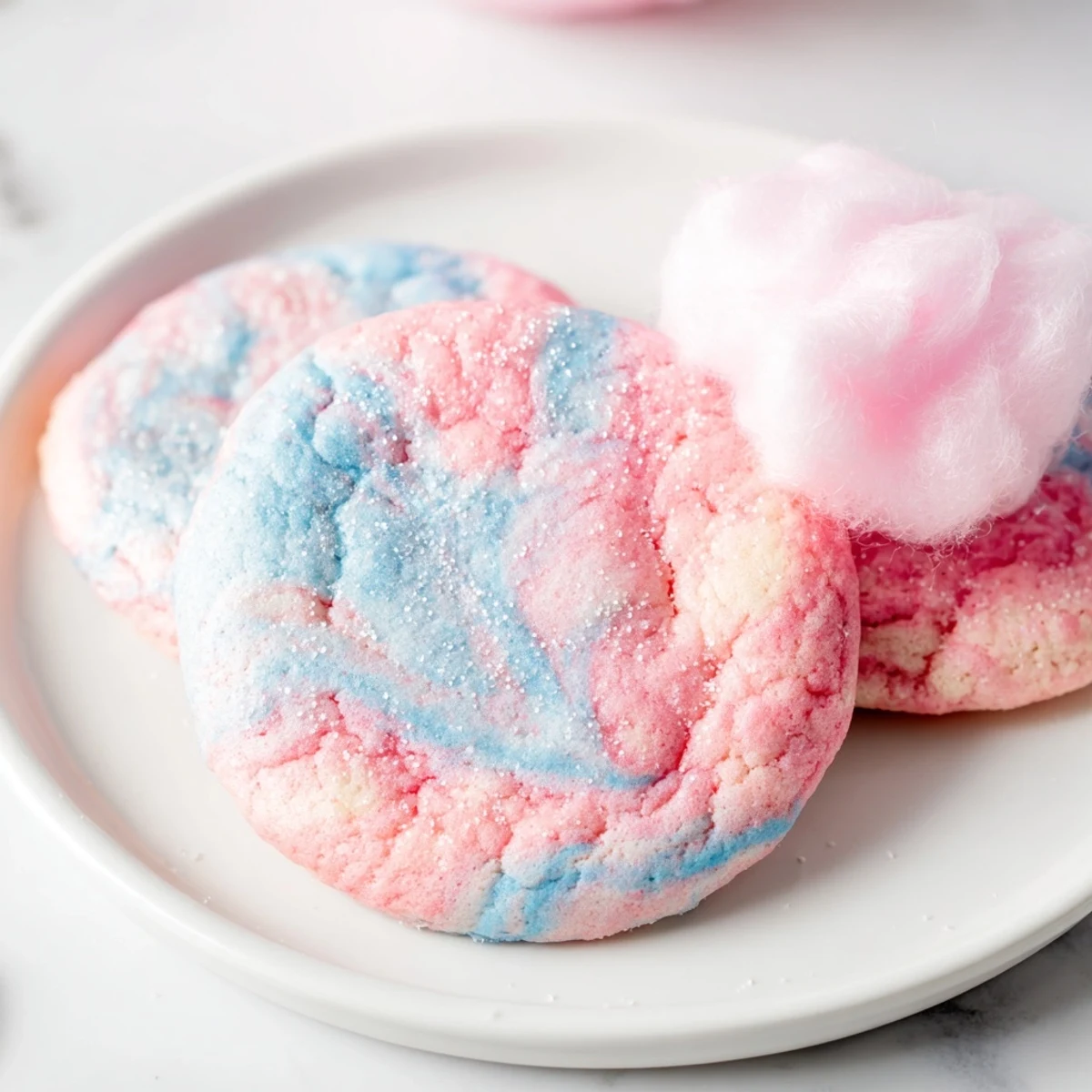 Cotton candy cookies marbled in pastel hues topped with fluffy spun sugar garnish