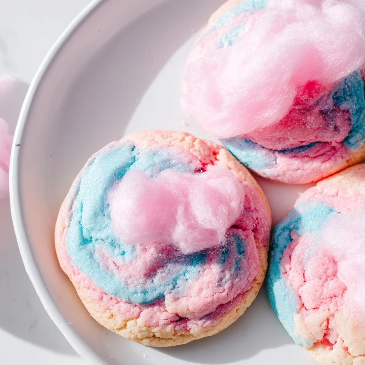 Golden-edged cotton candy cookies with vibrant pink and blue swirled frosting served fresh