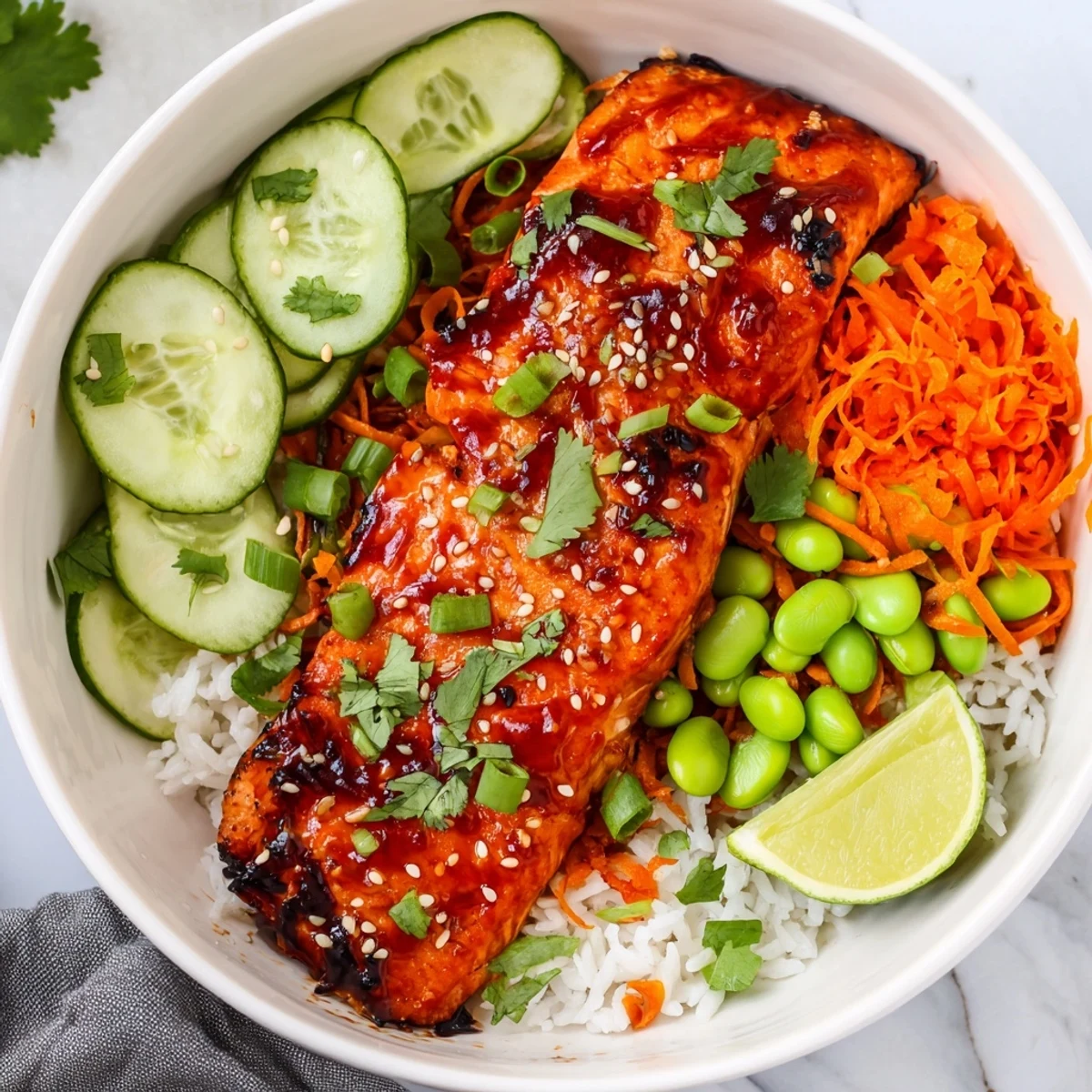 Glossy Sriracha Honey Glazed Salmon Bowls topped with sesame seeds and fresh vegetables