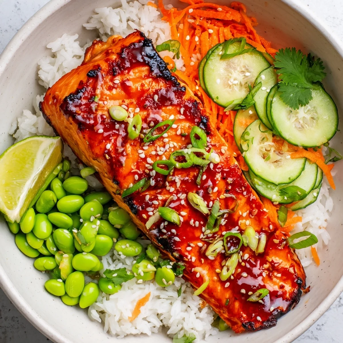 Golden caramelized salmon over steamed rice in vibrant Sriracha Honey Glazed Salmon Bowls
