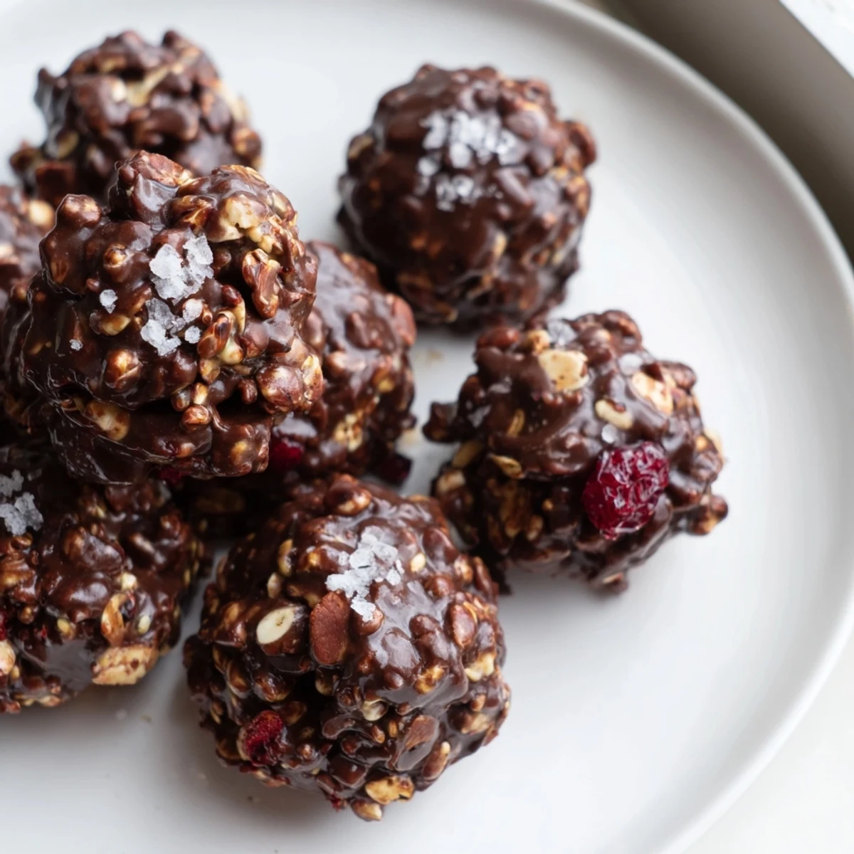 Dark chocolate quinoa crunch bites topped with flaky sea salt on a rustic wooden board