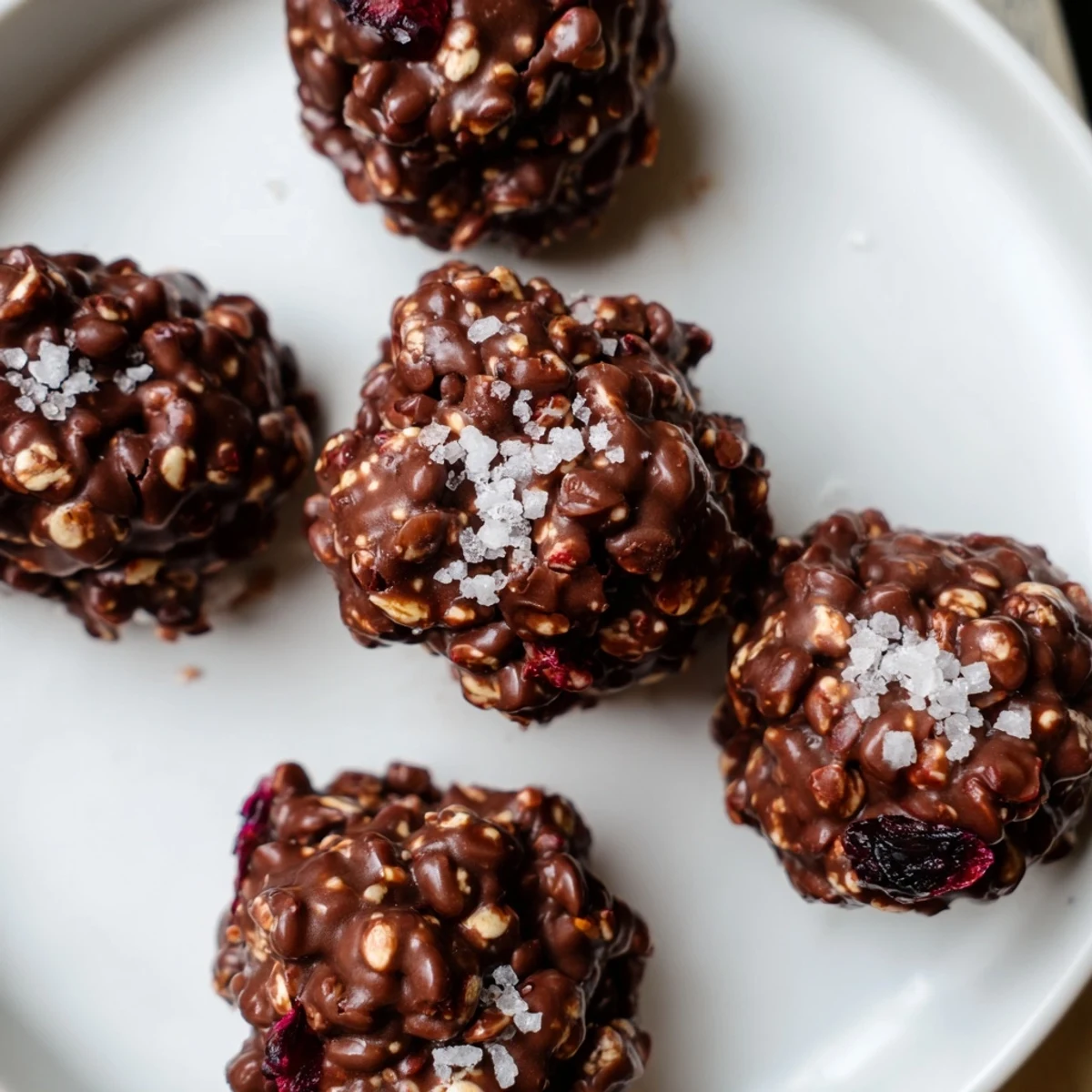 Glossy chocolate quinoa crunch bites arranged on parchment paper with scattered coconut and cranberry garnish