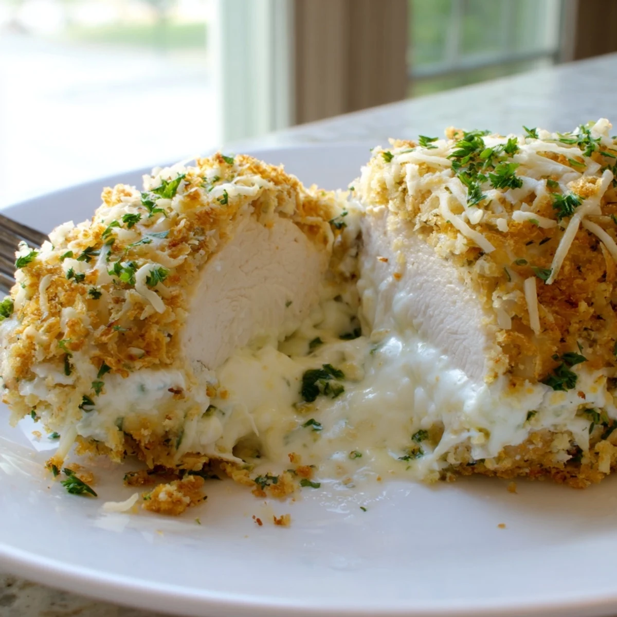 Golden bubbling ricotta chicken bake fresh from the oven with herbs