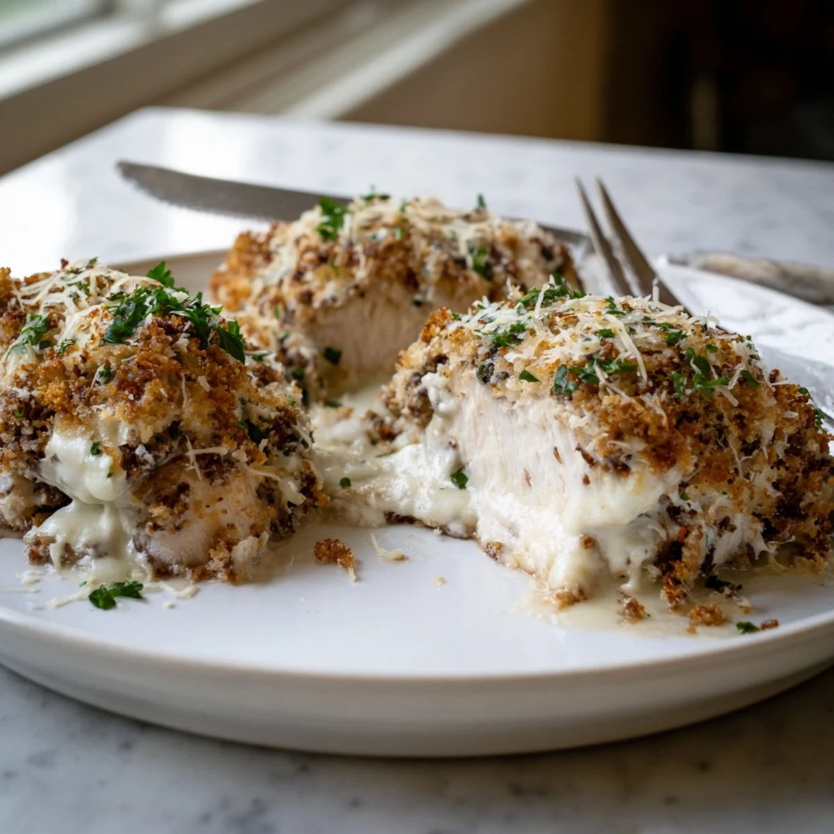 Ricotta chicken bake served on a white plate with roasted vegetables