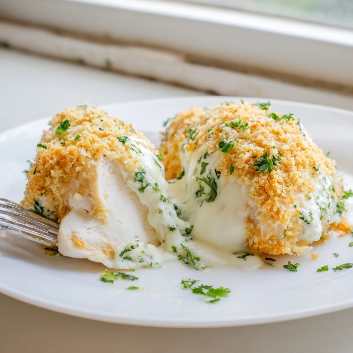 Creamy ricotta chicken bake topped with melted mozzarella and crispy breadcrumbs