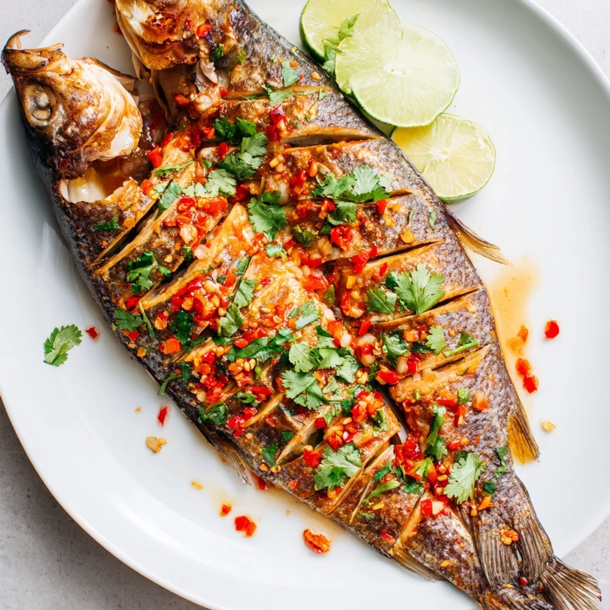 Golden chili lime baked trout garnished with fresh cilantro on a white plate