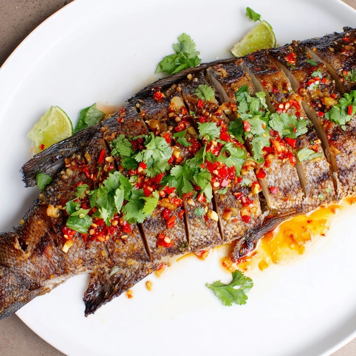 Spicy chili lime baked trout served whole with lime wedges and roasted vegetables