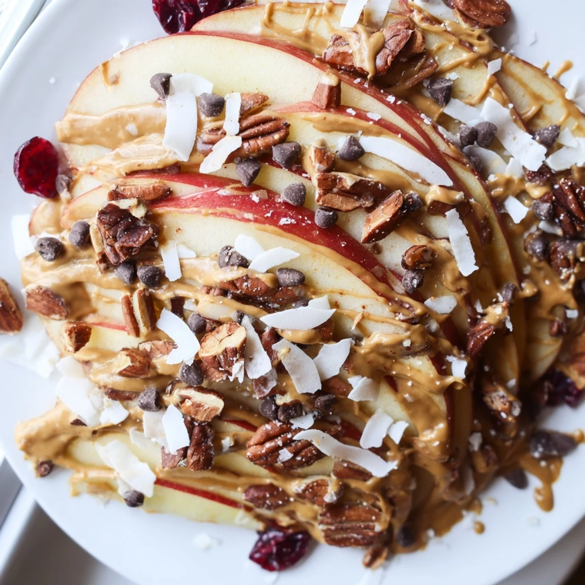 Crispy apple nachos with cinnamon tahini drizzle topped with coconut and chocolate chips