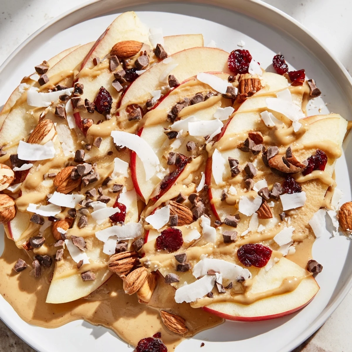Golden crispy apple nachos finished with a sweet spiced tahini sauce and toasted coconut