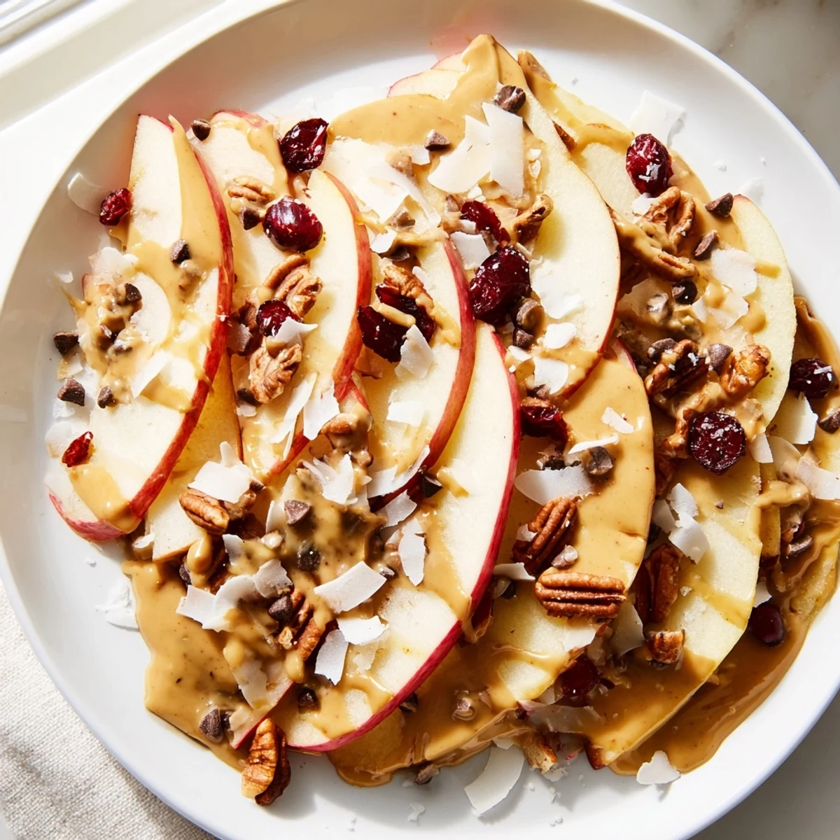 Thin apple slices layered under warm cinnamon tahini drizzle crunchy nuts and cranberries