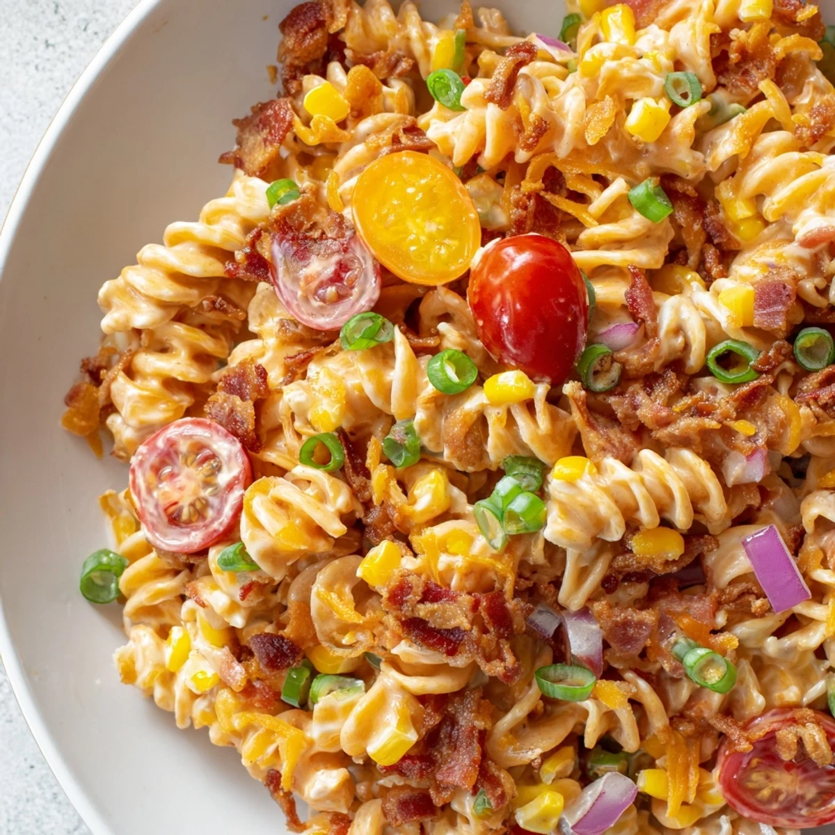 Cowboy Pasta Salad loaded with beef, bacon, corn, and creamy dressing in a rustic bowl