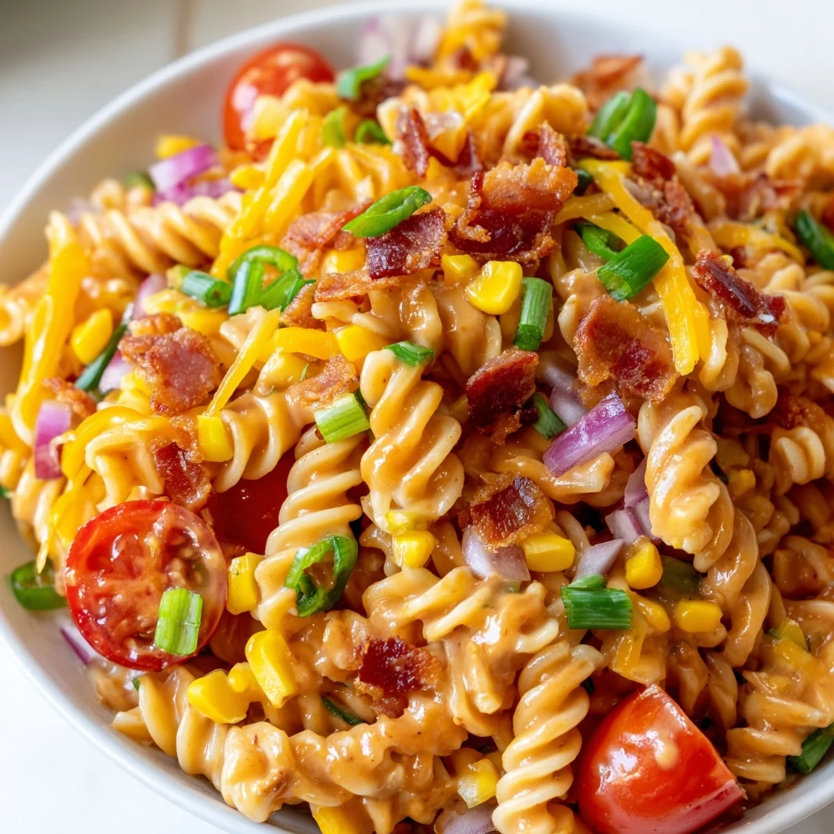 A close-up of Cowboy Pasta Salad featuring cheddar, tomatoes, and smoky ranch coating every bite