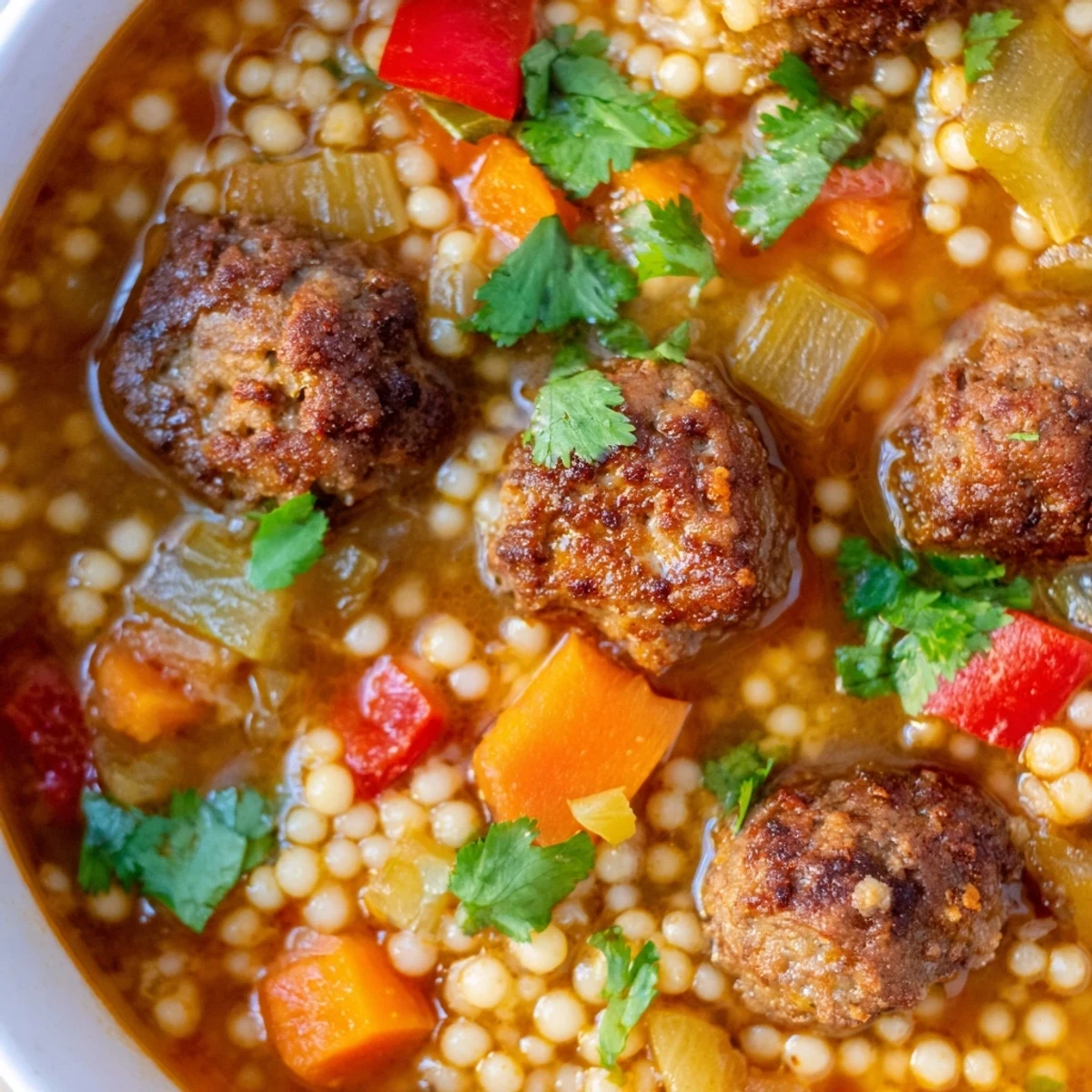 Mini Moroccan Meatball Couscous Soup in a rustic bowl with fresh cilantro and warm spices