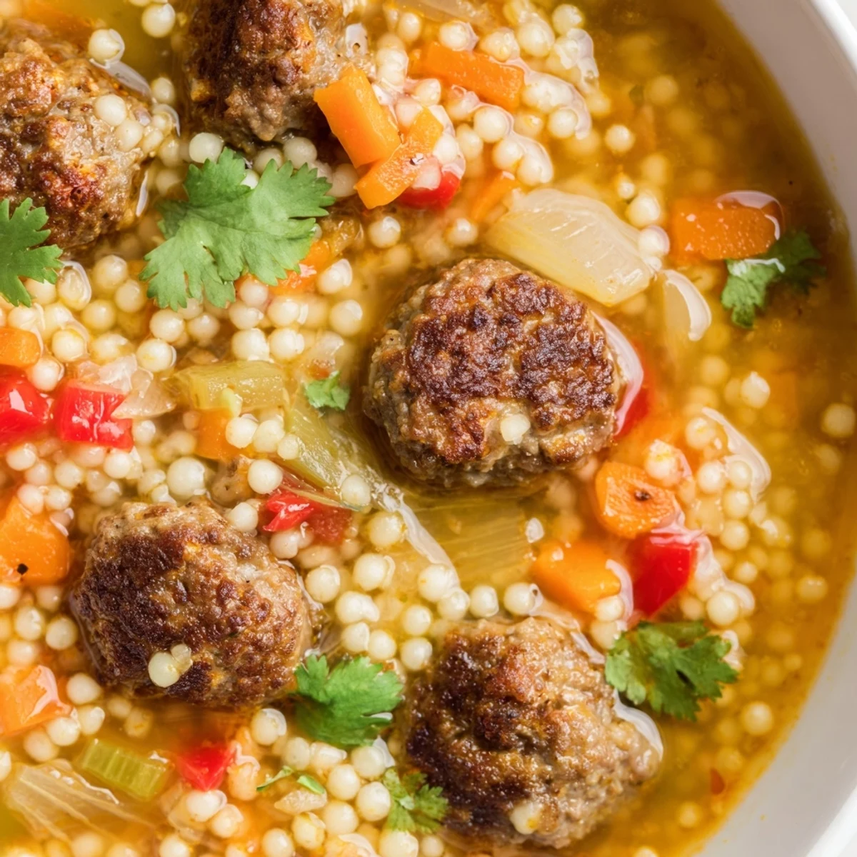 Steaming bowl of Mini Moroccan Meatball Couscous Soup brimming with tender spiced beef meatballs