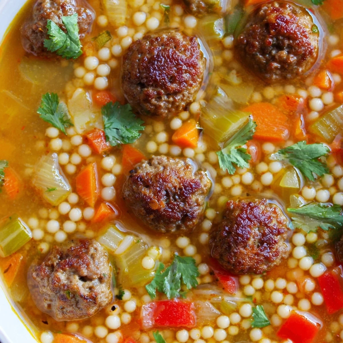 Golden Mini Moroccan Meatball Couscous Soup loaded with vegetables and fluffy couscous closeup