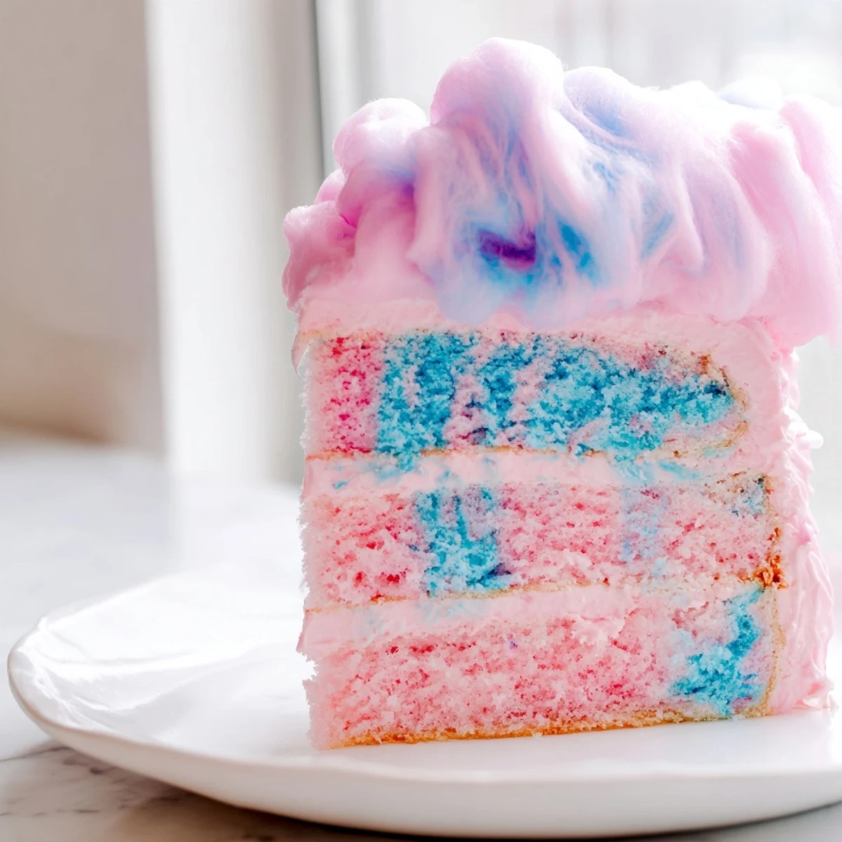 Fluffy cotton candy cake layered with marbled pink and blue frosting topped with spun sugar garnish