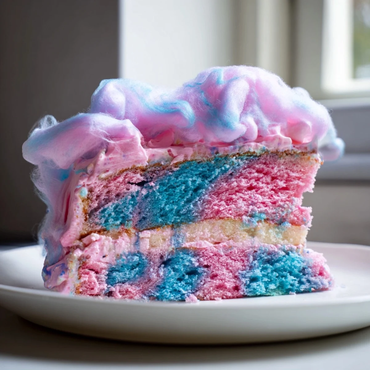 Tall cotton candy cake with swirled pink and blue pastel buttercream frosting on a dessert stand