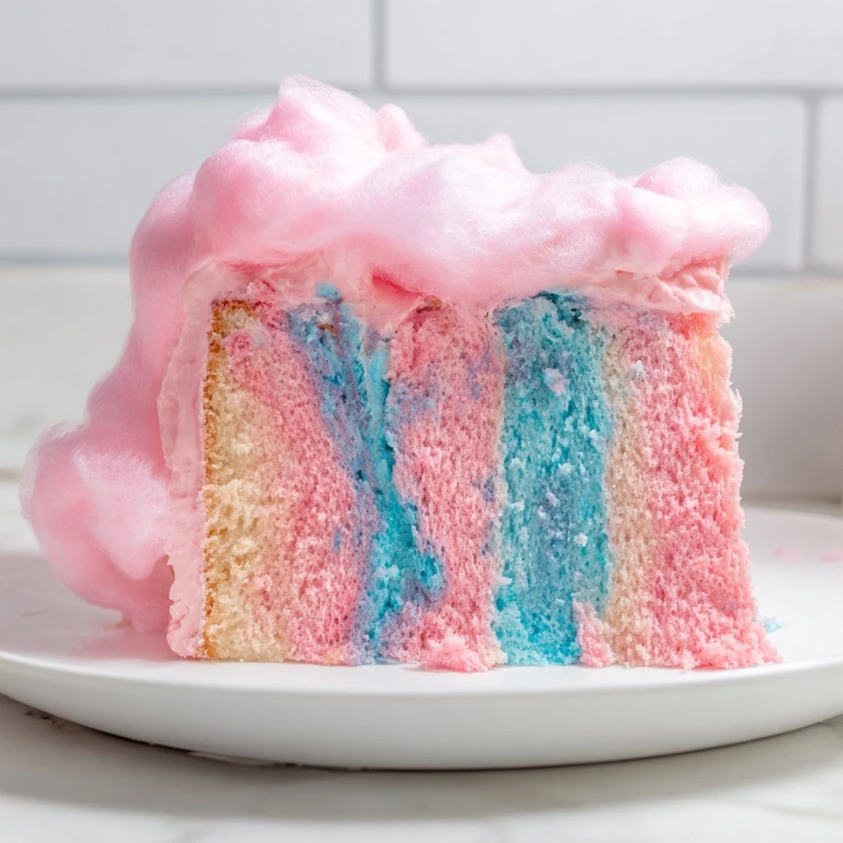 Festive cotton candy cake sliced to reveal colorful marbled layers crowned with wispy cotton candy