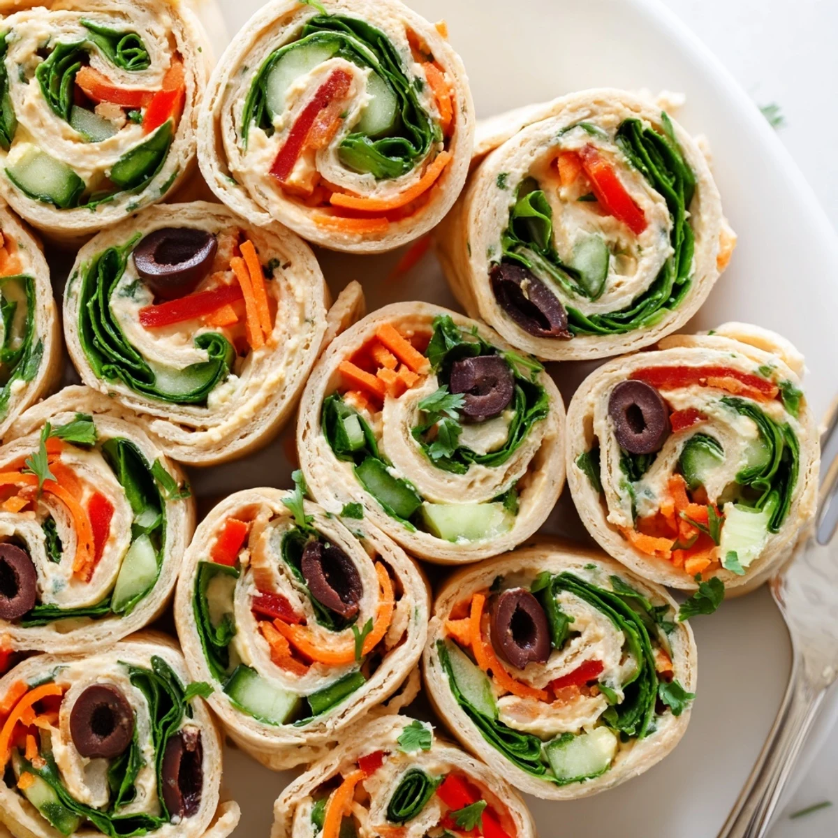 Creamy hummus veggie pinwheels sliced into colorful spirals on a rustic platter