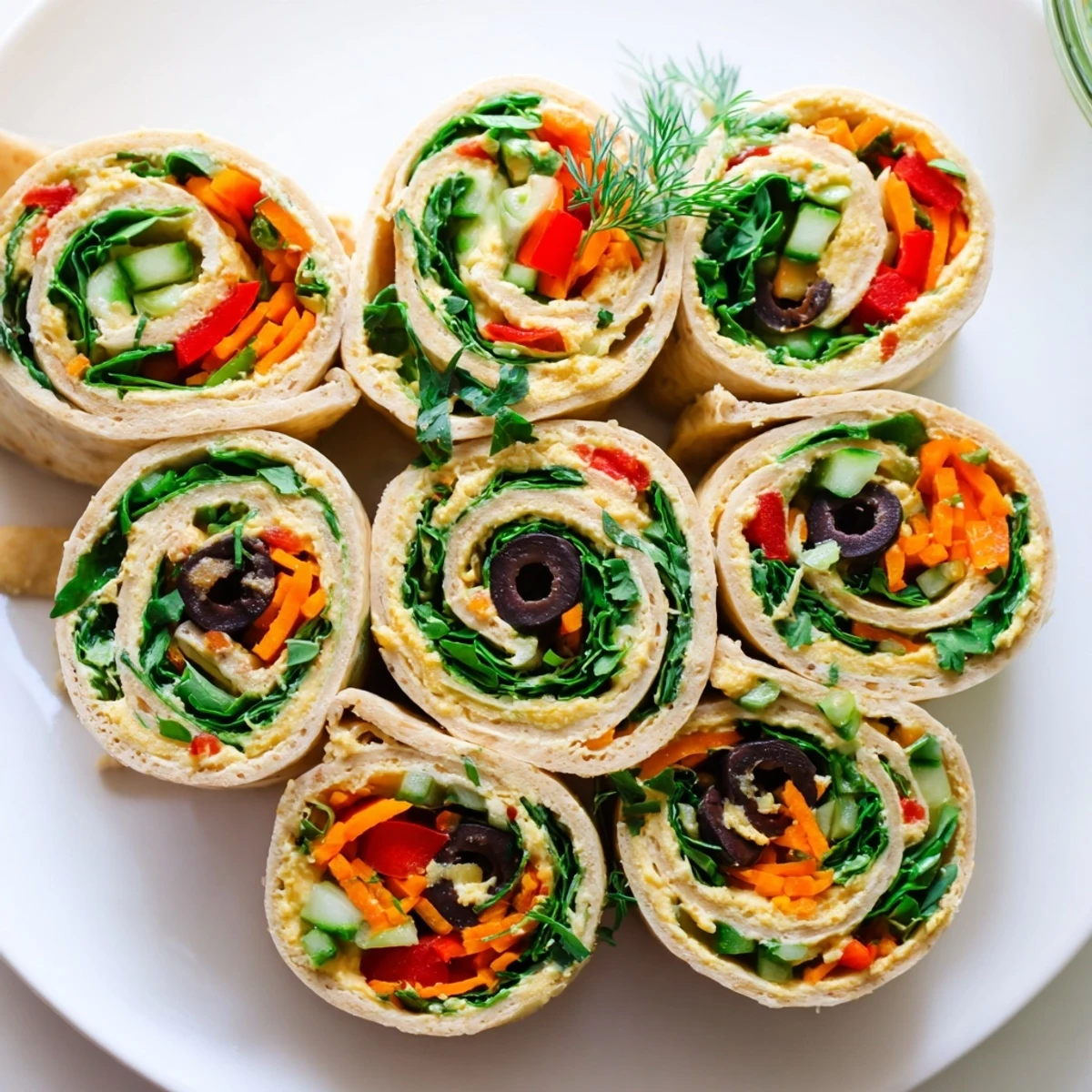 Vibrant vegan hummus pinwheels packed with crisp vegetables and fresh herbs