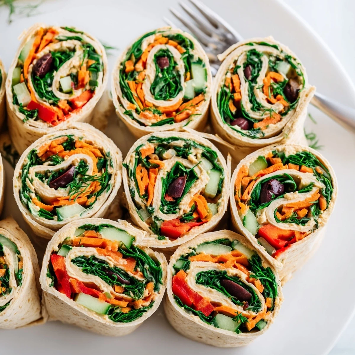 Rolled tortilla hummus veggie pinwheels arranged neatly on a sunny picnic table