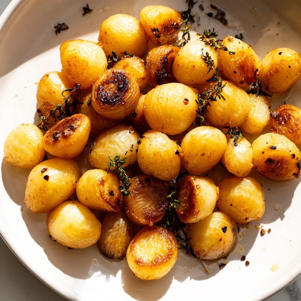 Golden crispy air fried pearl onions served hot in a rustic bowl