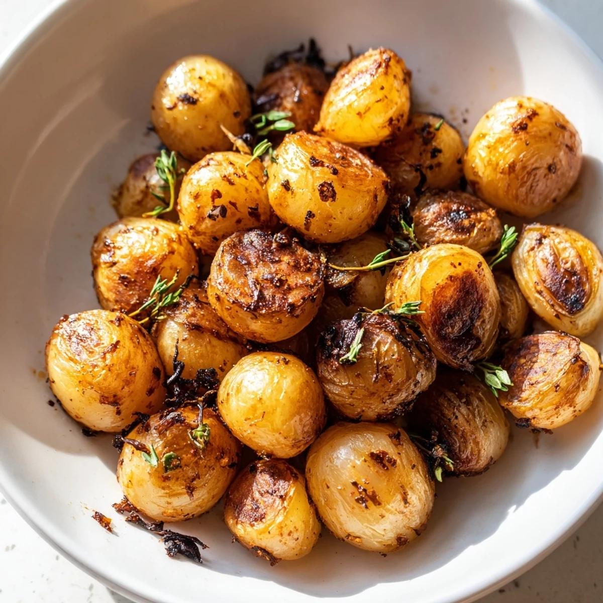 Air fried pearl onions glistening with olive oil and smoked paprika coating