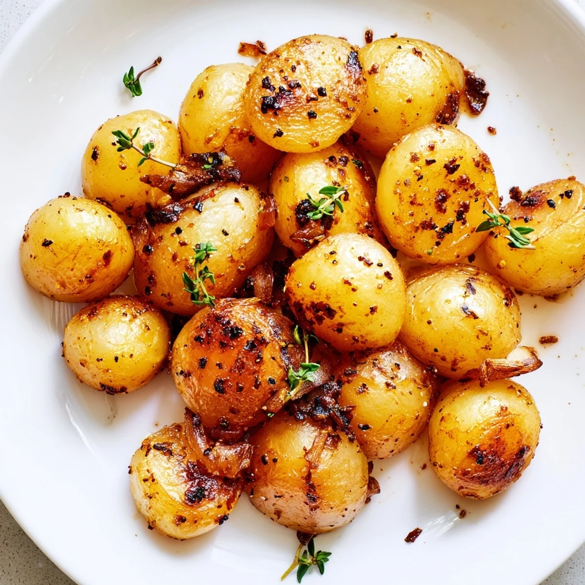 Tender caramelized air fried pearl onions arranged on a plate with fresh herbs