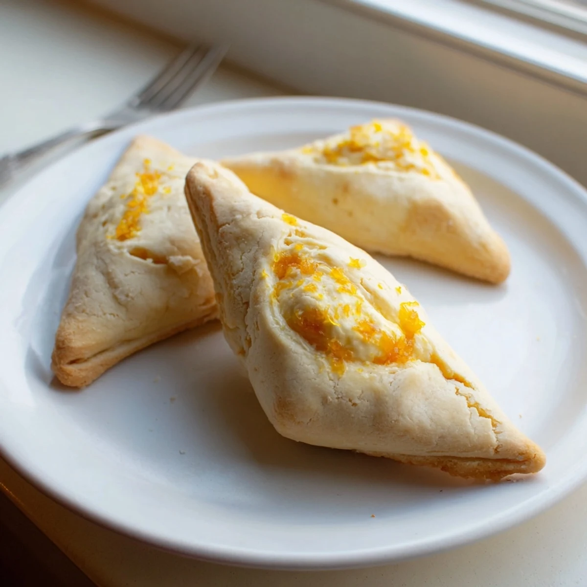 Golden creamsicle hamentaschen fresh from the oven with creamy orange filling